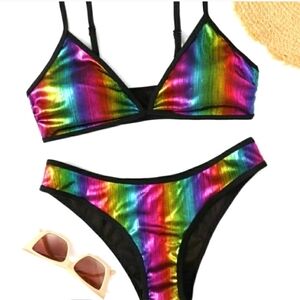 Metallic rainbow and black multicolored stripe bikini set New!!